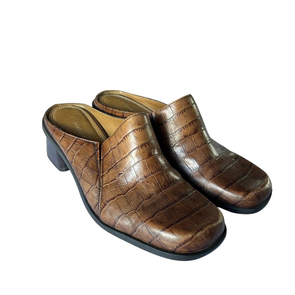 Naturalizer Womens Size 6.5 M Brown Leather Slip On Croc Print Heels Preppy